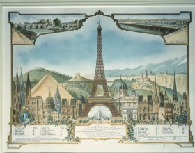 Grabado de la Torre Eiffel y otros edificios altos.